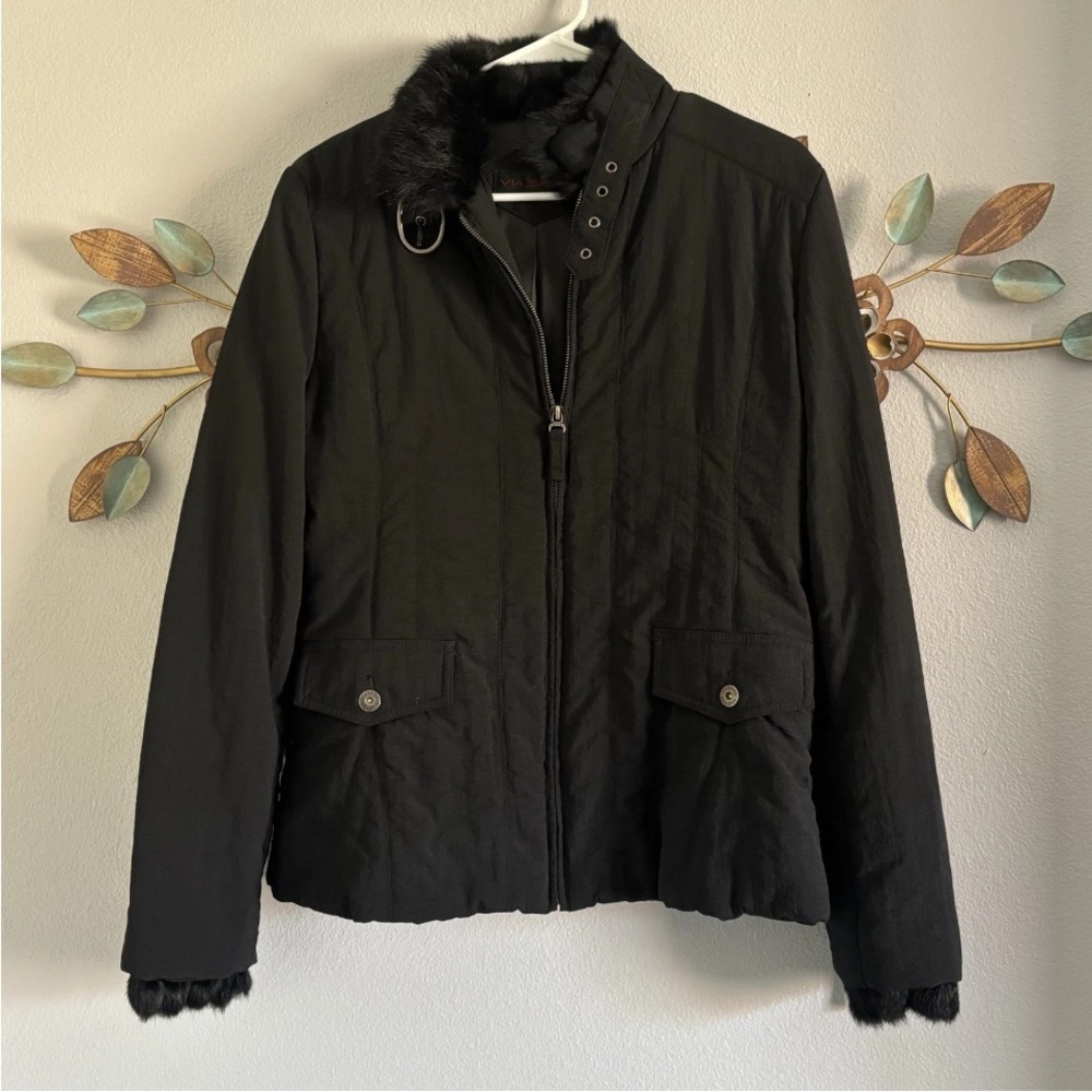 Via Spiga Womens Black Faux Fur Trim Jacket Size Medium Y2K
